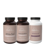 Three dietary supplement bottles from mdrn wellness on a white background: Mito-Sol in a dark amber bottle, Astaxanthin in a dark amber bottle, and Adrena-sol in a white bottle.