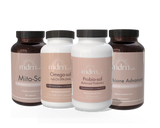 Four MDRN dietary supplement bottles arranged in a row against a white background. The bottles are dark amber brown with black caps, and the labels are a muted taupe-beige color.