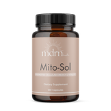 A bottle of Mito-Sol dietary supplement by mdrn health, featuring an amber glass bottle with a black ribbed cap and a beige label, set against a plain white background.