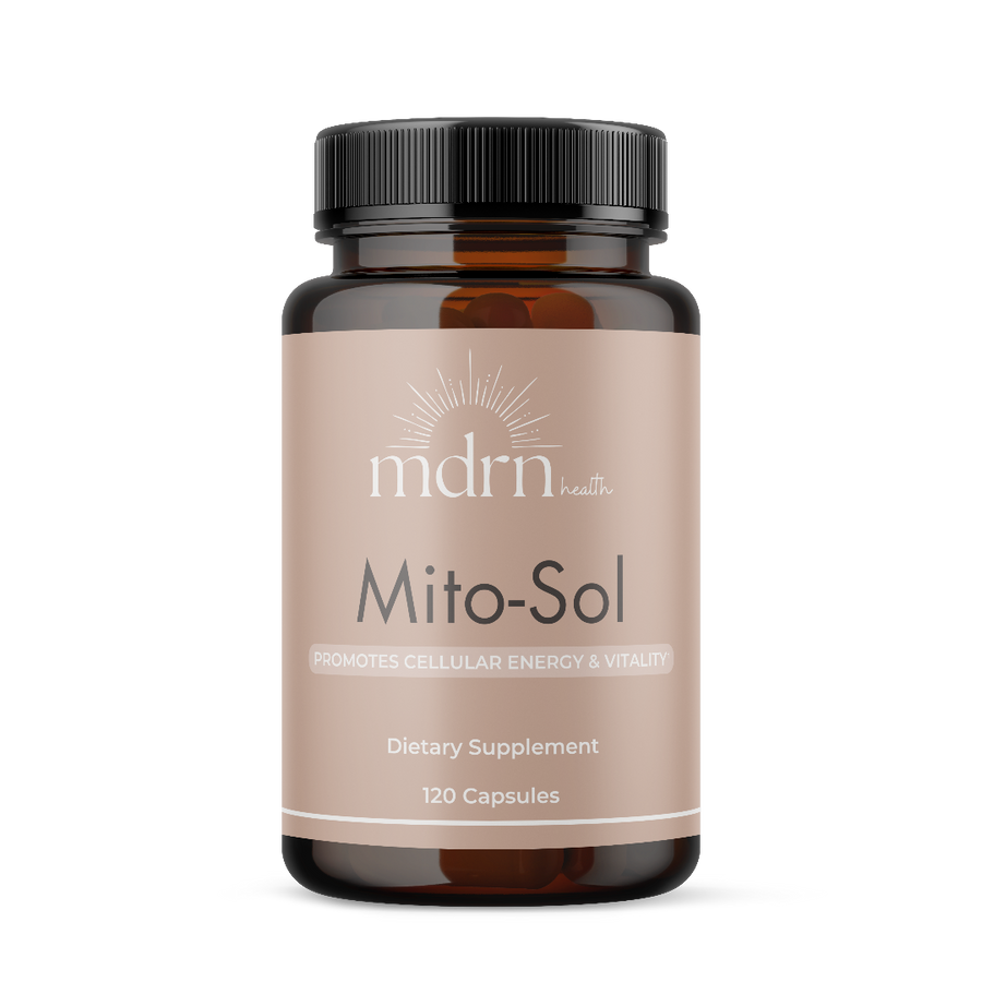 A bottle of Mito-Sol dietary supplement by mdrn health, featuring an amber glass bottle with a black ribbed cap and a beige label, set against a plain white background.