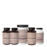 Five dietary supplement bottles from the brand mdrn, including Mito-Sol, Surfactant Advanced, Sol Greens, Thyro-Shield, and Adreno-sol, arranged on a clean white background.