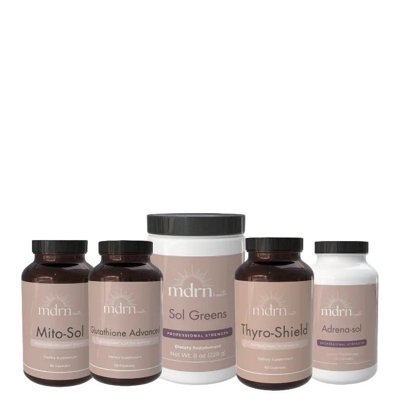 Five dietary supplement bottles from the brand mdrn, including Mito-Sol, Surfactant Advanced, Sol Greens, Thyro-Shield, and Adreno-sol, arranged on a clean white background.