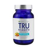 A bottle of ChromaDex TruNiagen Healthy Aging dietary supplement, featuring a deep cobalt blue bottle, a white cap, and a white label with blue and gold text.