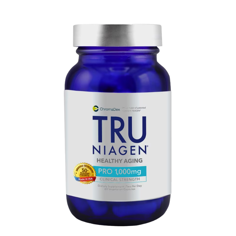 A bottle of ChromaDex TruNiagen Healthy Aging dietary supplement, featuring a deep cobalt blue bottle, a white cap, and a white label with blue and gold text.