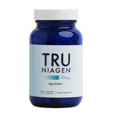 A bottle of Truniagen 300mg Age Better dietary supplement, featuring a dark blue translucent bottle and a white cap, with a white label displaying the brand name and product details.