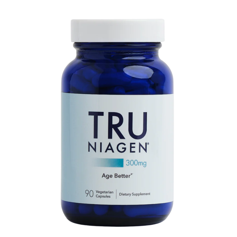 A bottle of Truniagen 300mg Age Better dietary supplement, featuring a dark blue translucent bottle and a white cap, with a white label displaying the brand name and product details.